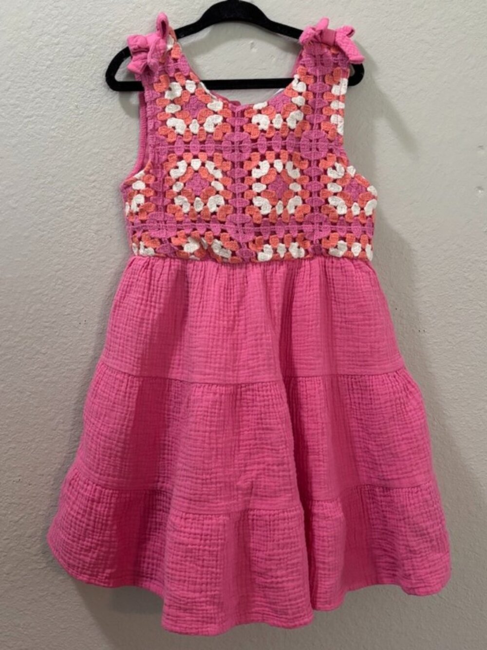 Rachel Zoe Girls Pink Crochet Granny Square Tiered Gauze Dress Size 6